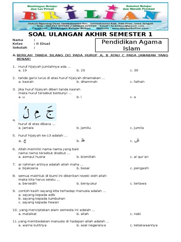 Soal Ujian Akhir Semester 1 Kelas 2 SD Agama Islam dengan Kunci Jawaban