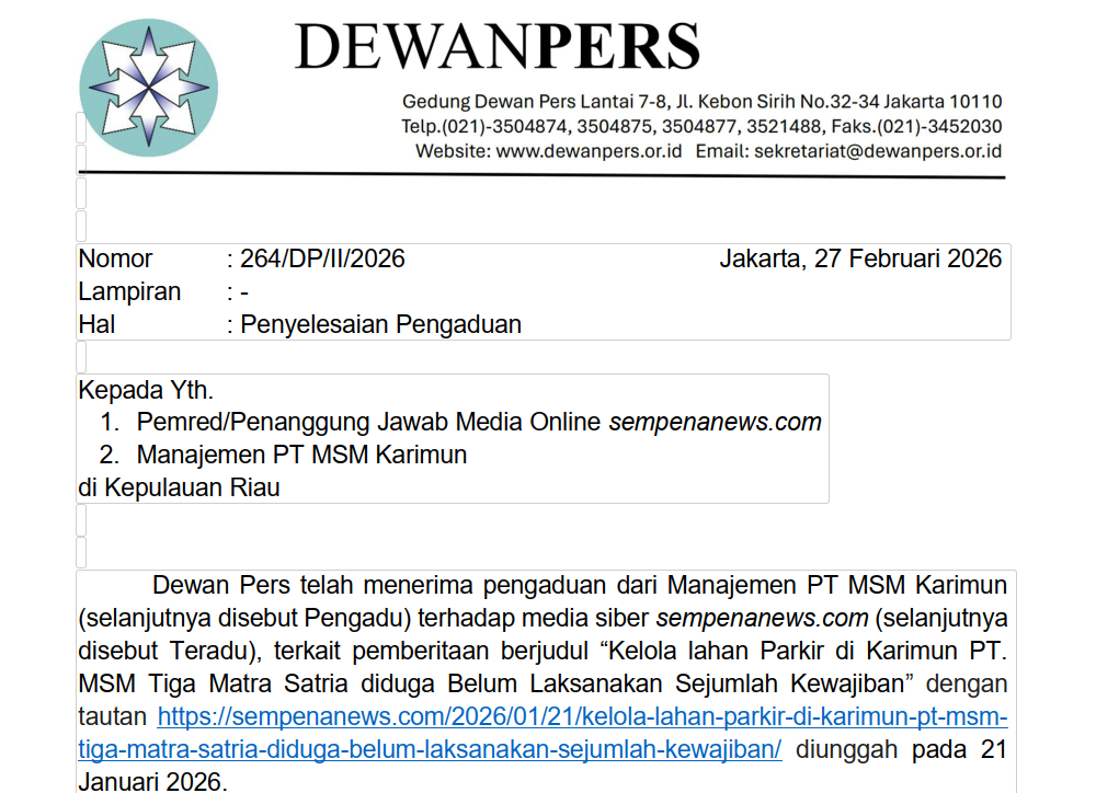 Dewan Pers Telah Beri Penilaian, PT MSM Sayangkan Munculnya Kembali Narasi Opini yang Dinilai Merendahkan Reputasi Perusahaan